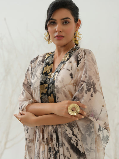 Beige Black Embroidered Sequence Neck Printed Kaftan