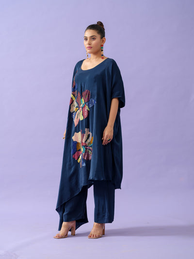 Navy Embroidered Floral Sequence Tunic Set