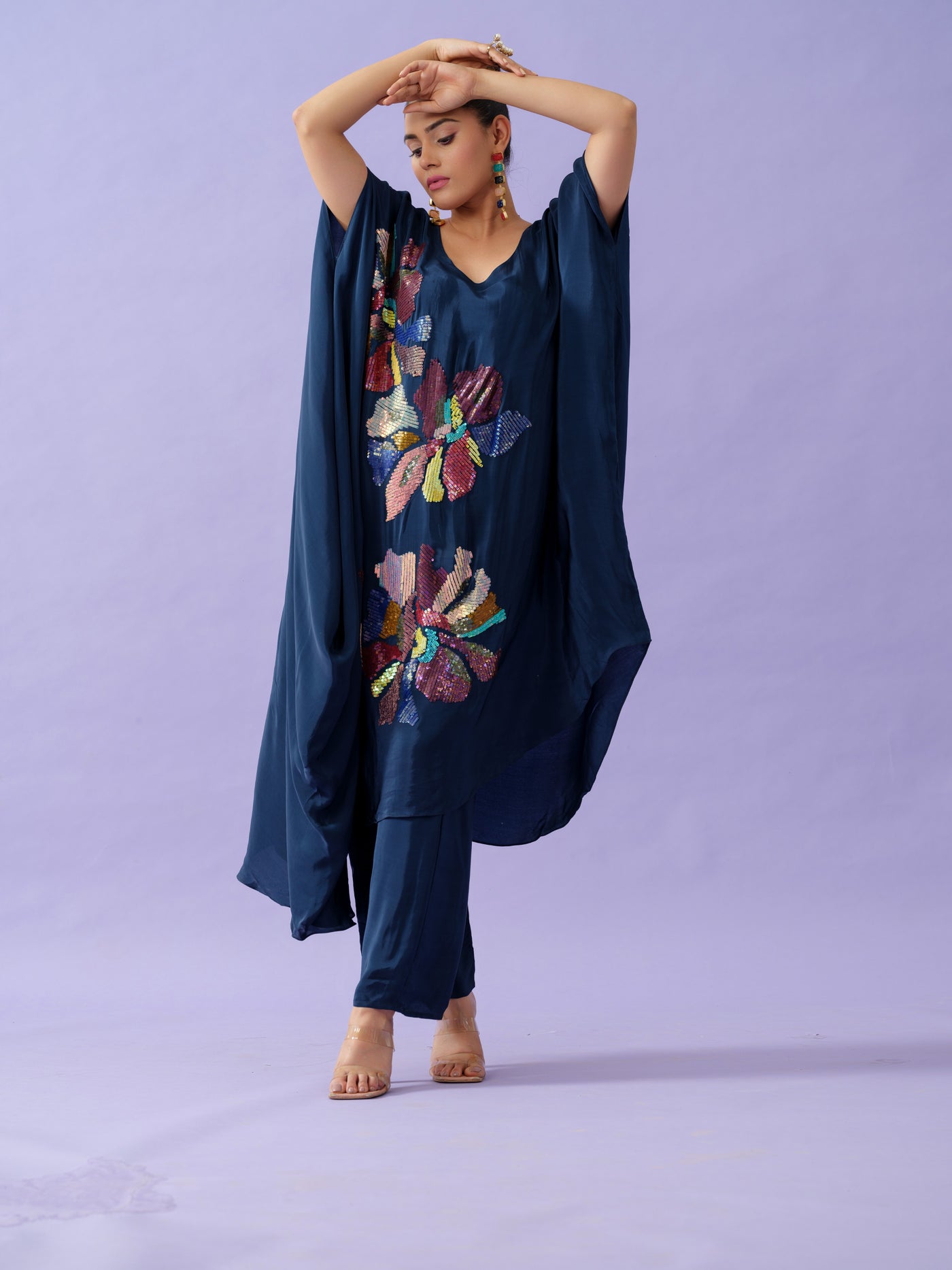 Navy Embroidered Floral Sequence Tunic Set