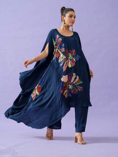 Navy Embroidered Floral Sequence Tunic Set