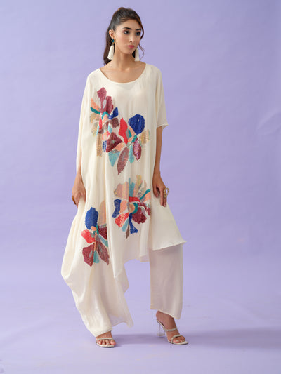 Beige Embroidered Floral Sequence Tunic Set