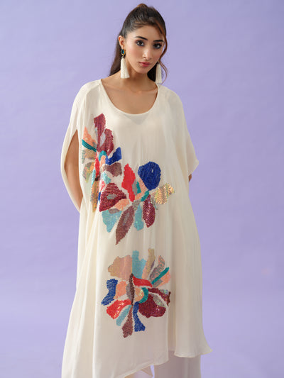 Beige Embroidered Floral Sequence Tunic Set