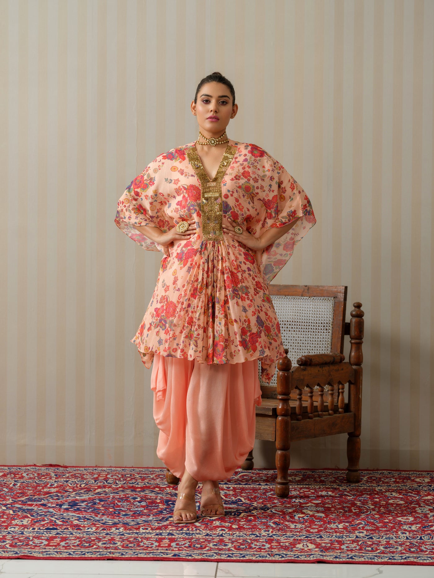 Peach Embroidered Floral Kaftan With Cowl Salwar