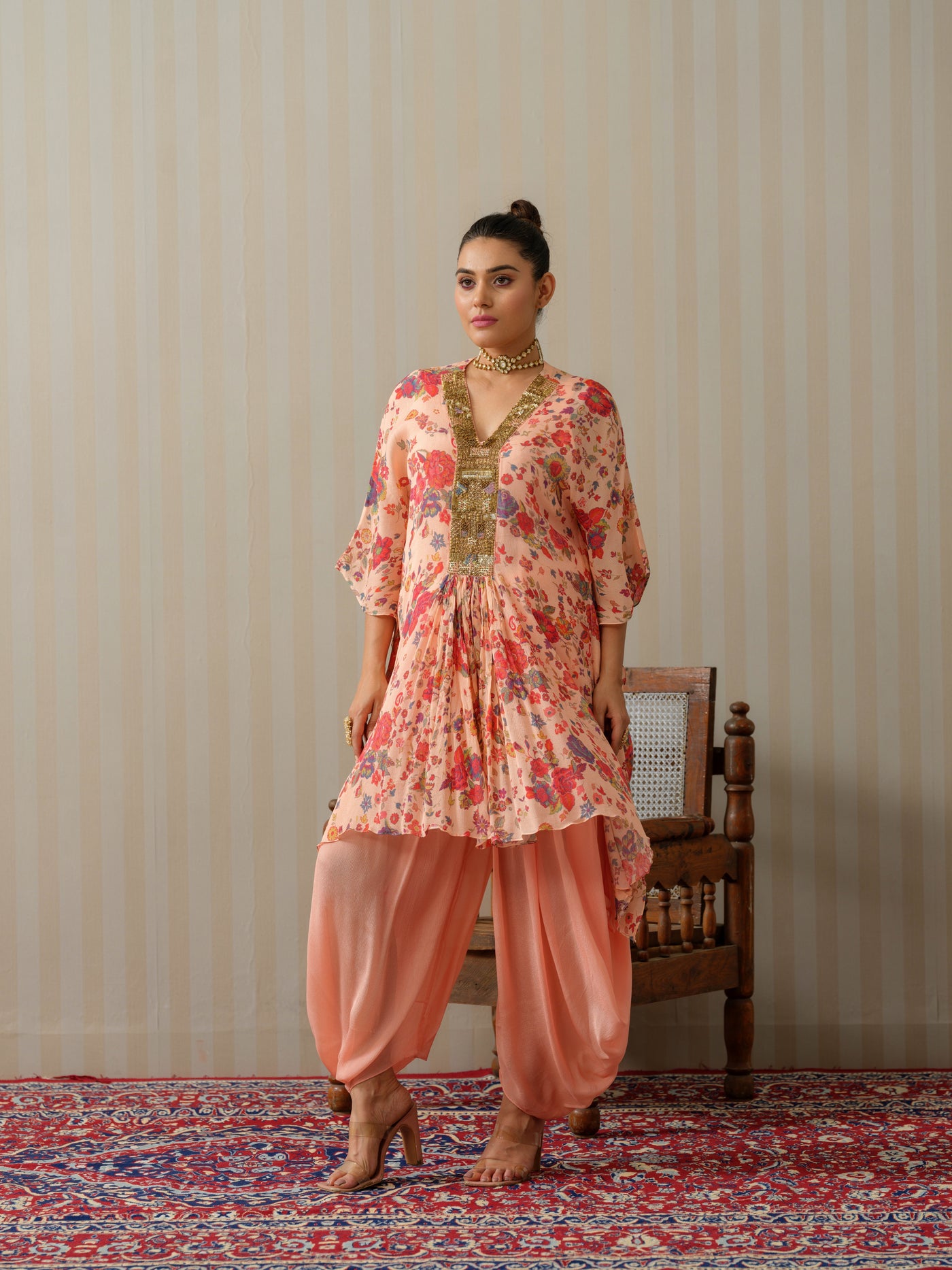 Peach Embroidered Floral Kaftan With Cowl Salwar