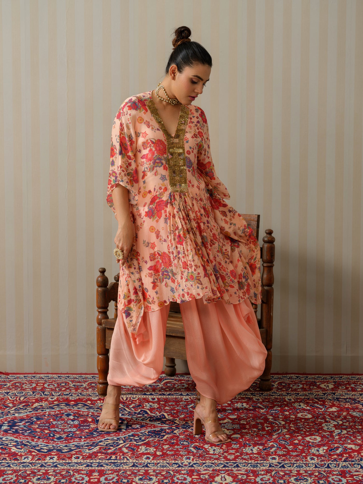 Peach Embroidered Floral Kaftan With Cowl Salwar