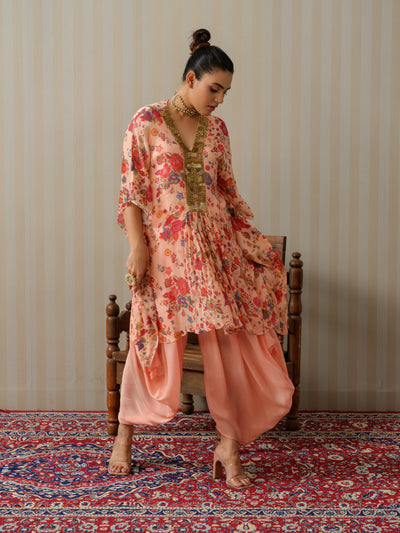 Peach Embroidered Floral Kaftan With Cowl Salwar