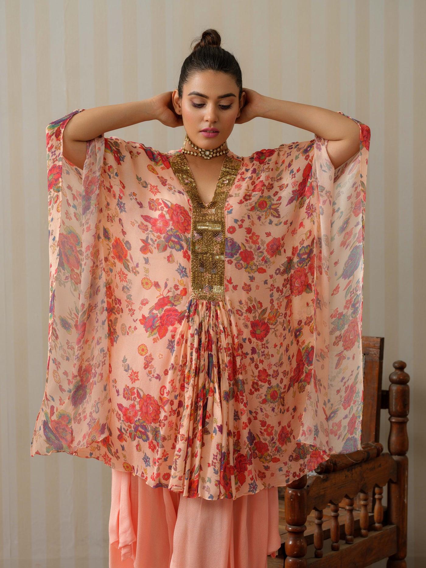 Peach Embroidered Floral Kaftan With Cowl Salwar