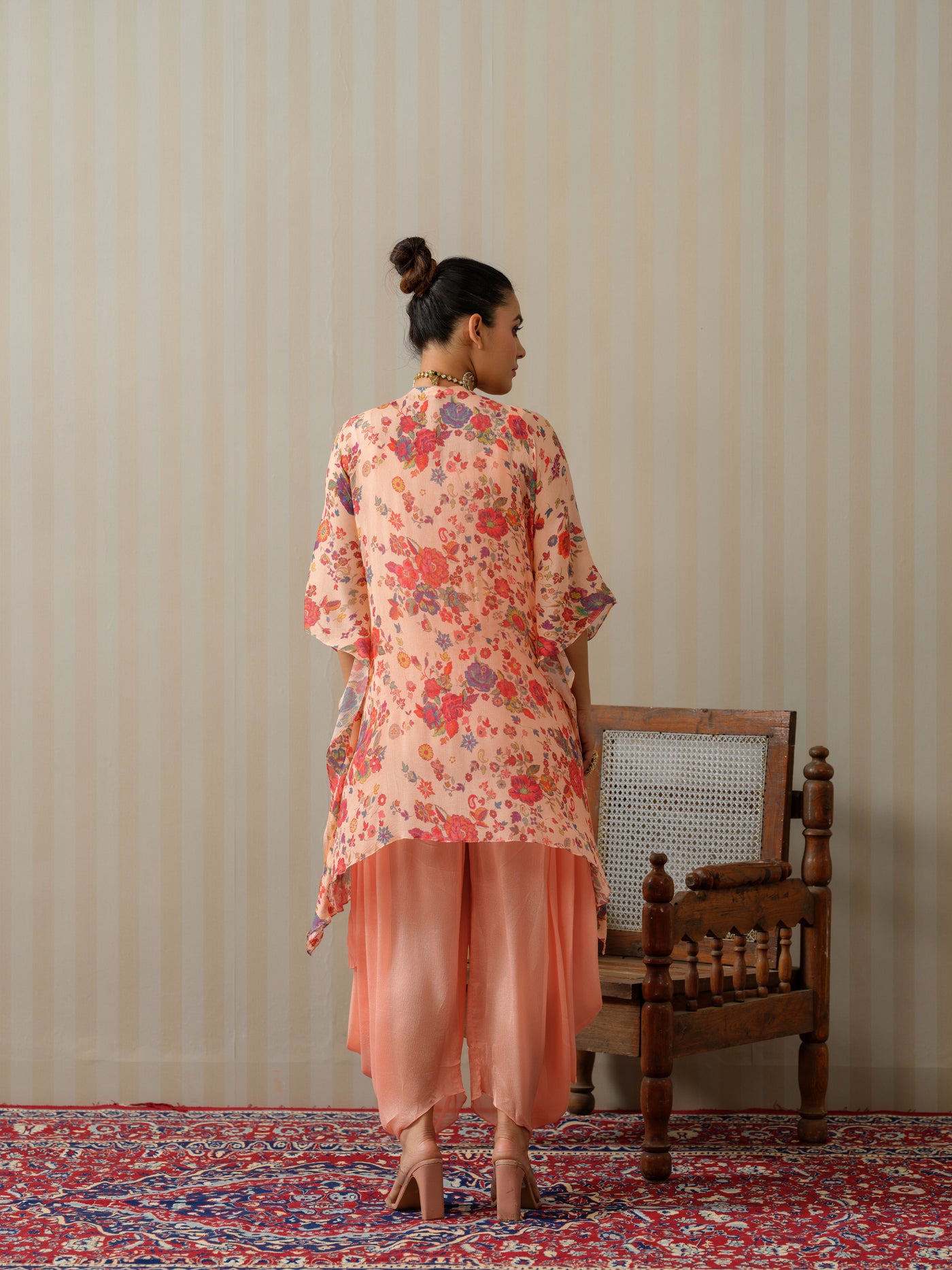 Peach Embroidered Floral Kaftan With Cowl Salwar