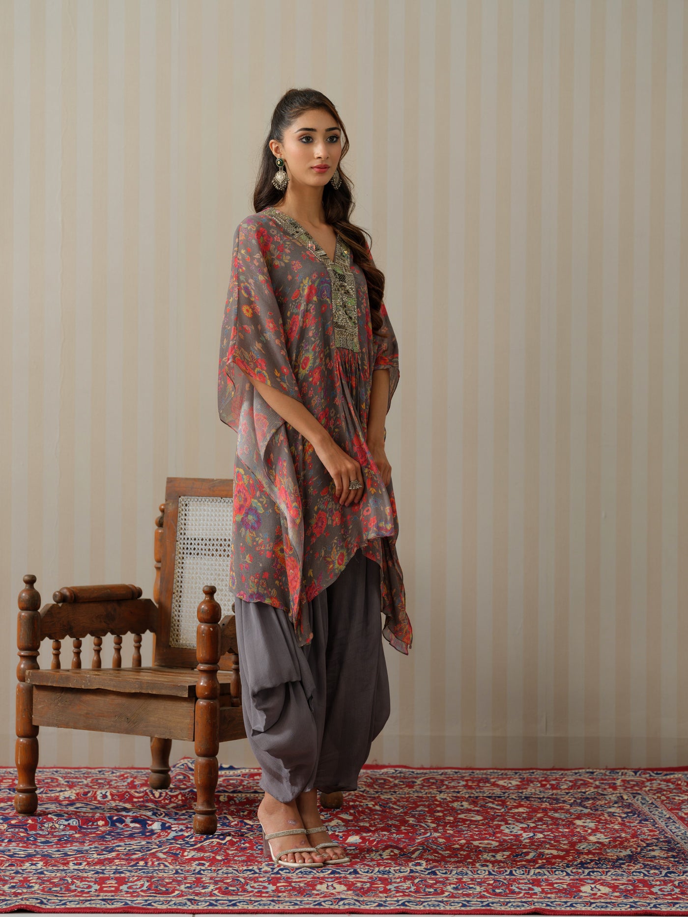 Grey Embroidered Floral Kaftan With Cowl Salwar