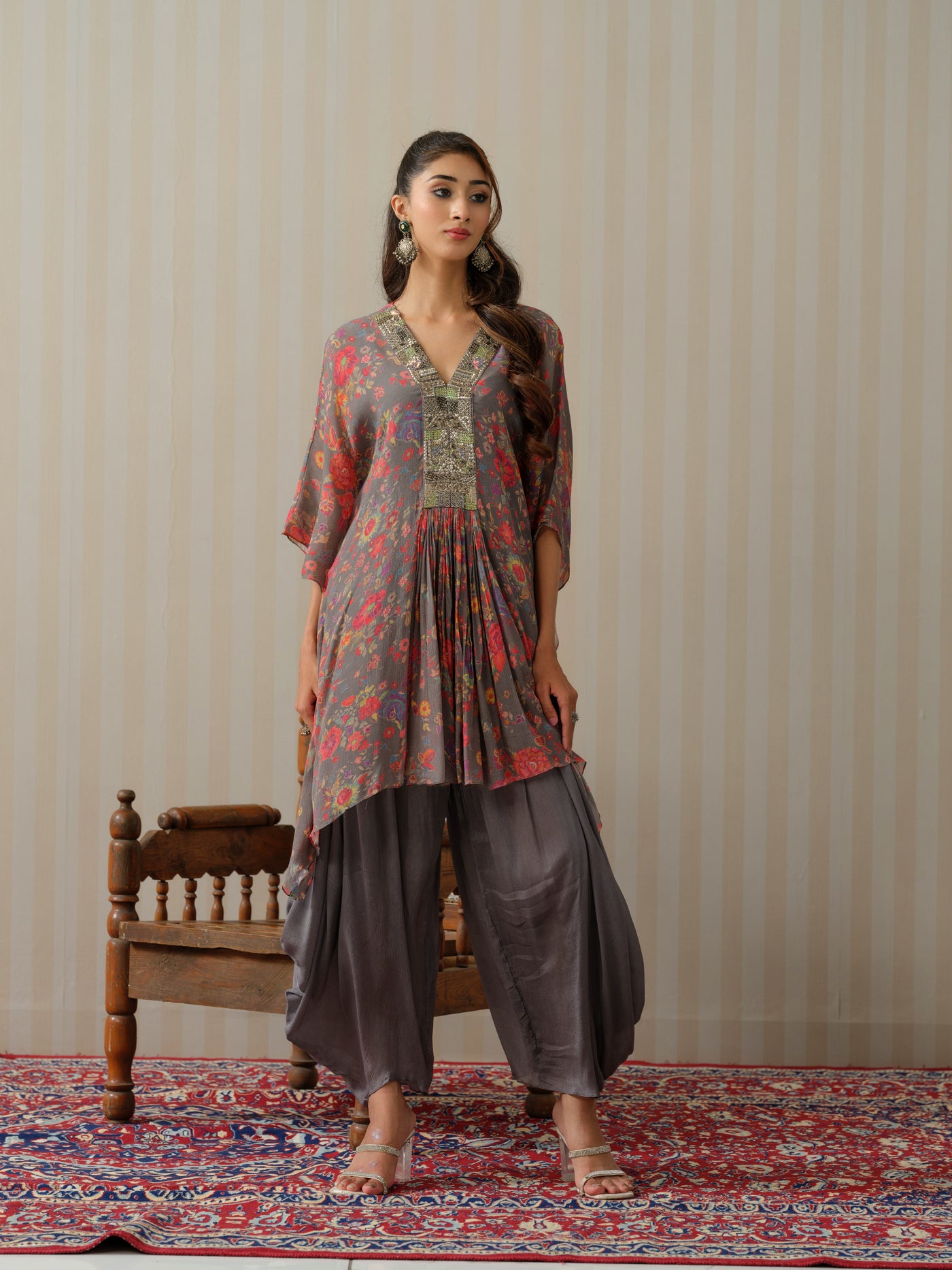 Grey Embroidered Floral Kaftan With Cowl Salwar