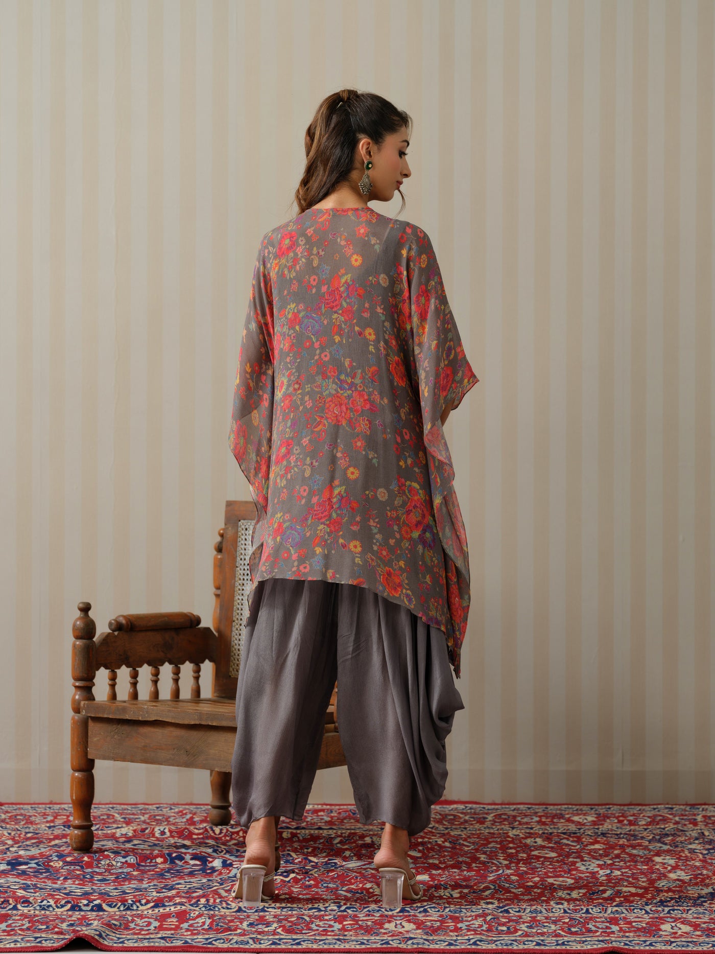 Grey Embroidered Floral Kaftan With Cowl Salwar