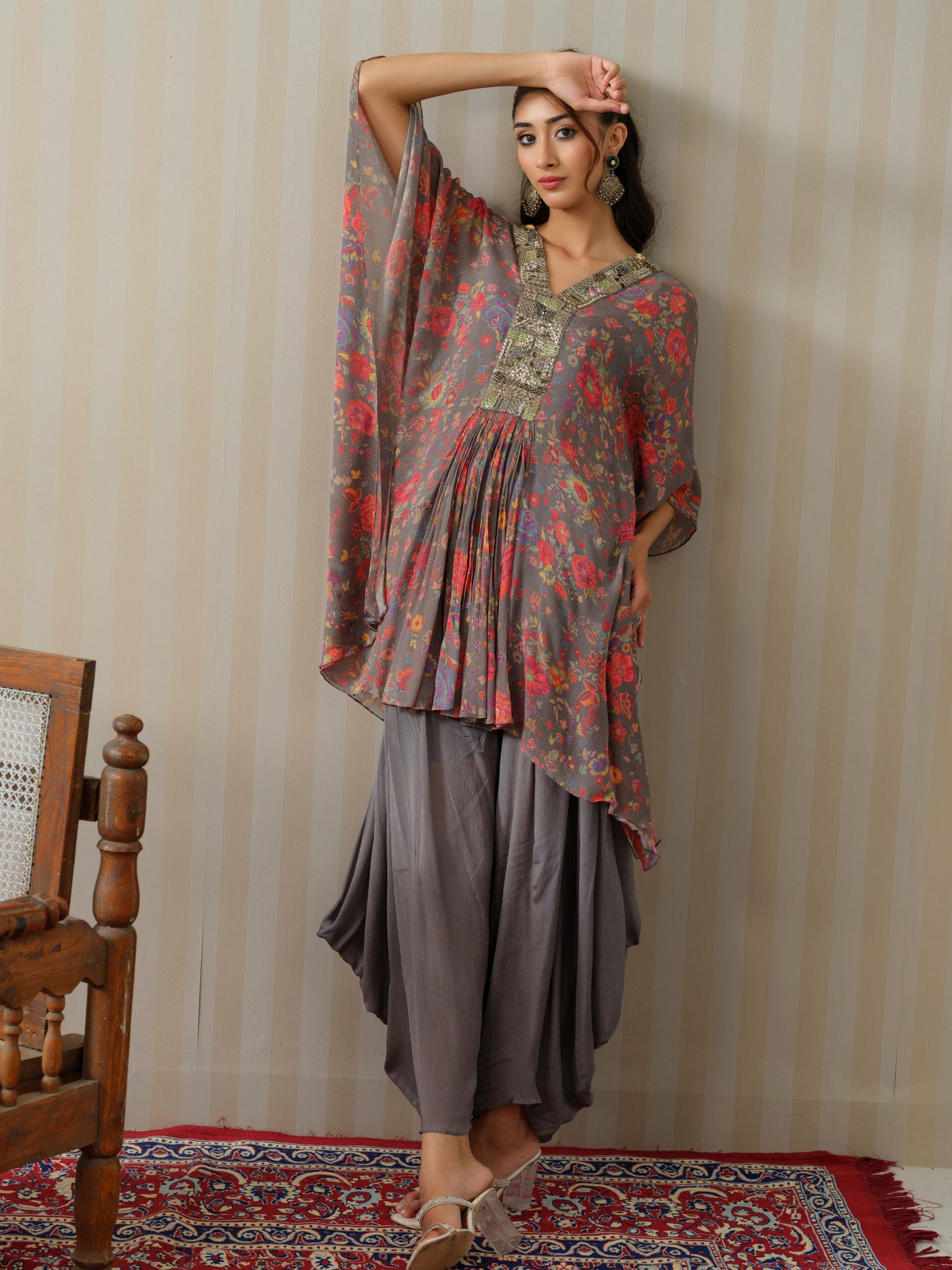 Grey Embroidered Floral Kaftan With Cowl Salwar