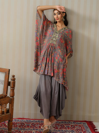 Grey Embroidered Floral Kaftan With Cowl Salwar