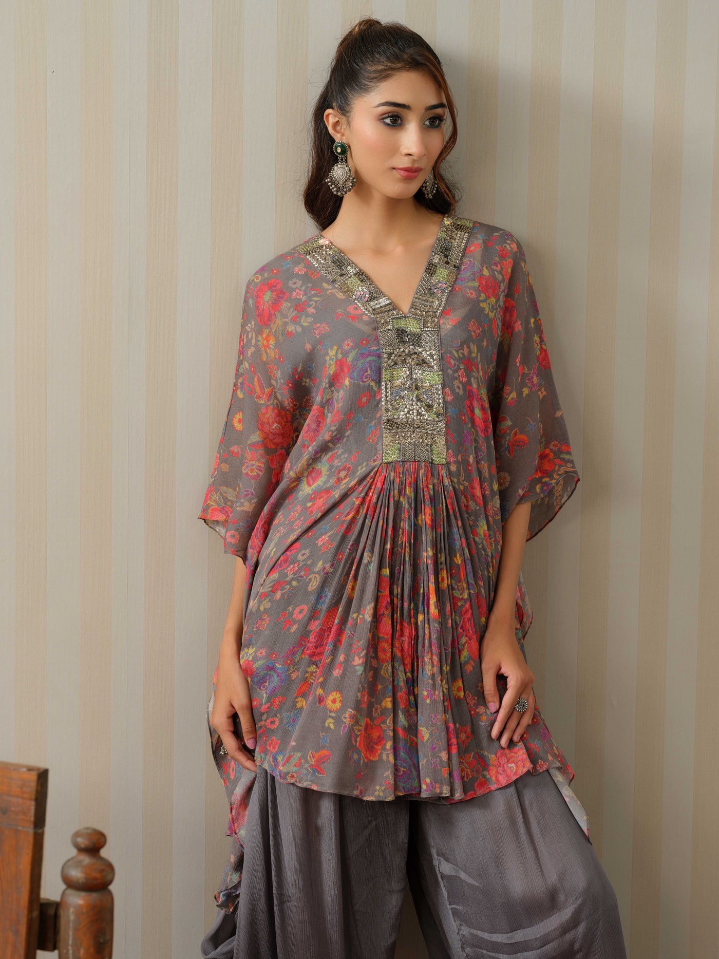 Grey Embroidered Floral Kaftan With Cowl Salwar