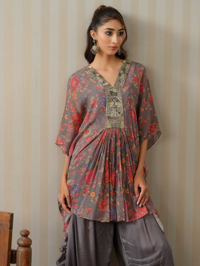 Grey Embroidered Floral Kaftan With Cowl Salwar