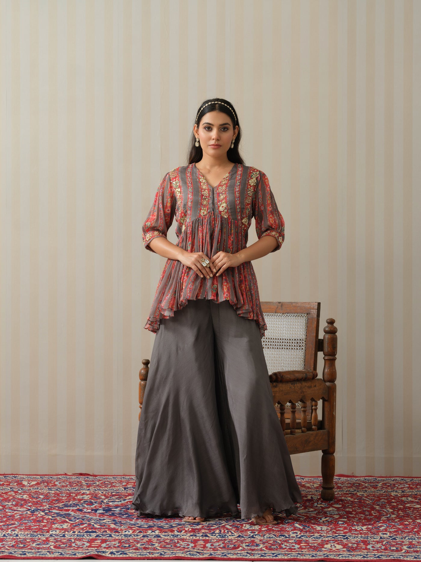 Grey Striped Peplum & Sharara Set