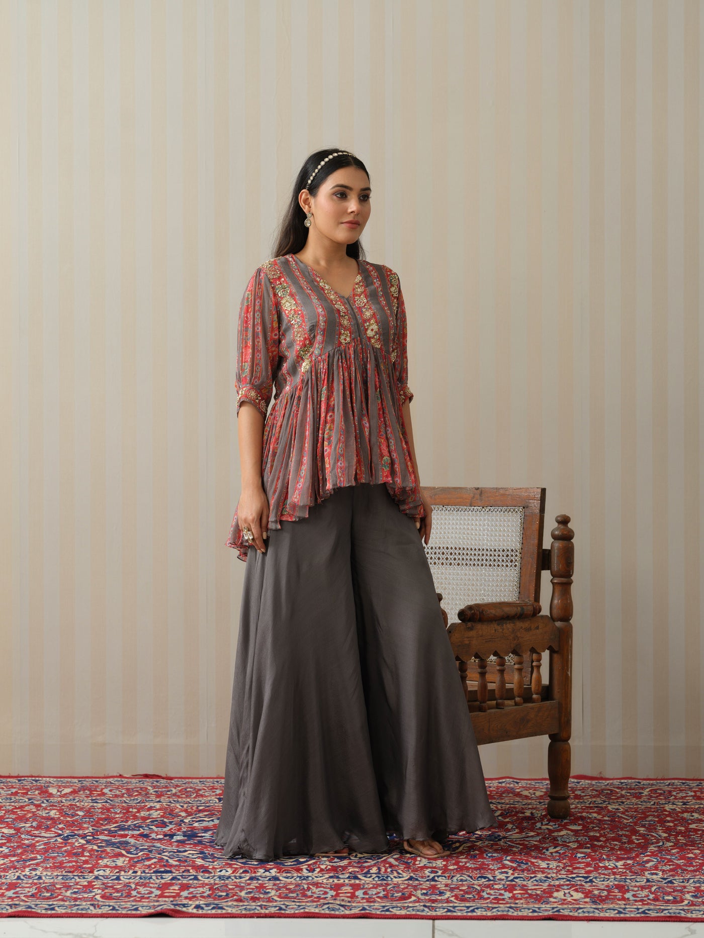 Grey Striped Peplum & Sharara Set