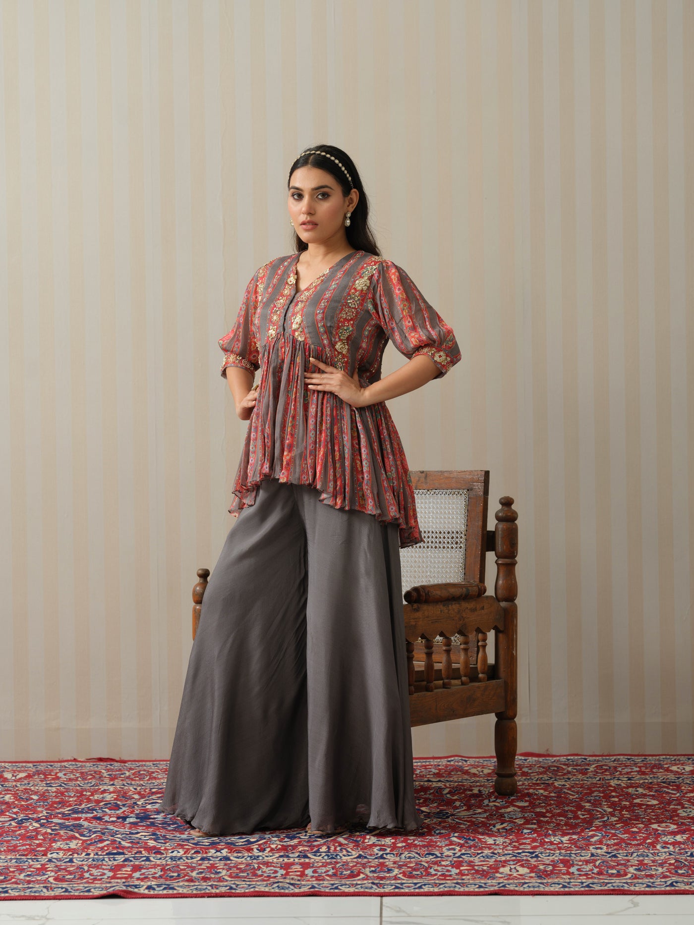 Grey Striped Peplum & Sharara Set