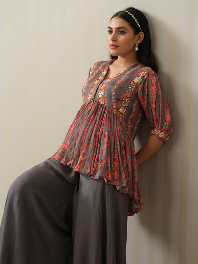 Grey Striped Peplum & Sharara Set