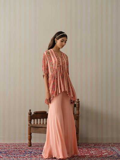 Peach Striped Peplum & Sharara Set