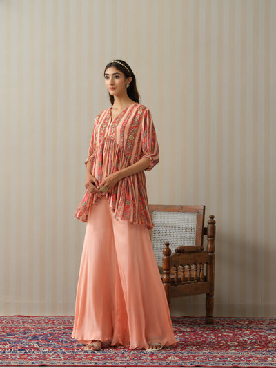 Peach Striped Peplum & Sharara Set