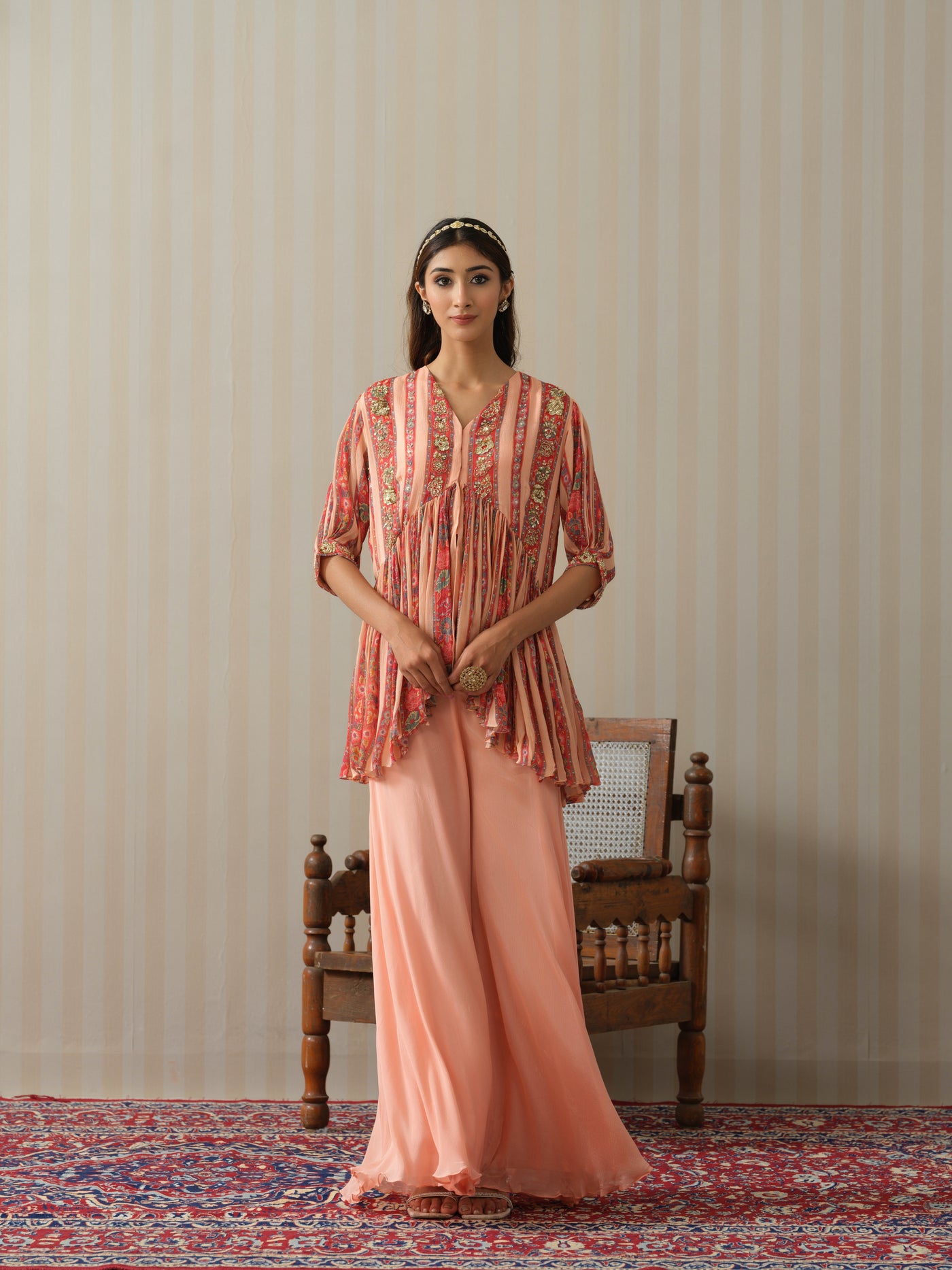 Peach Striped Peplum & Sharara Set