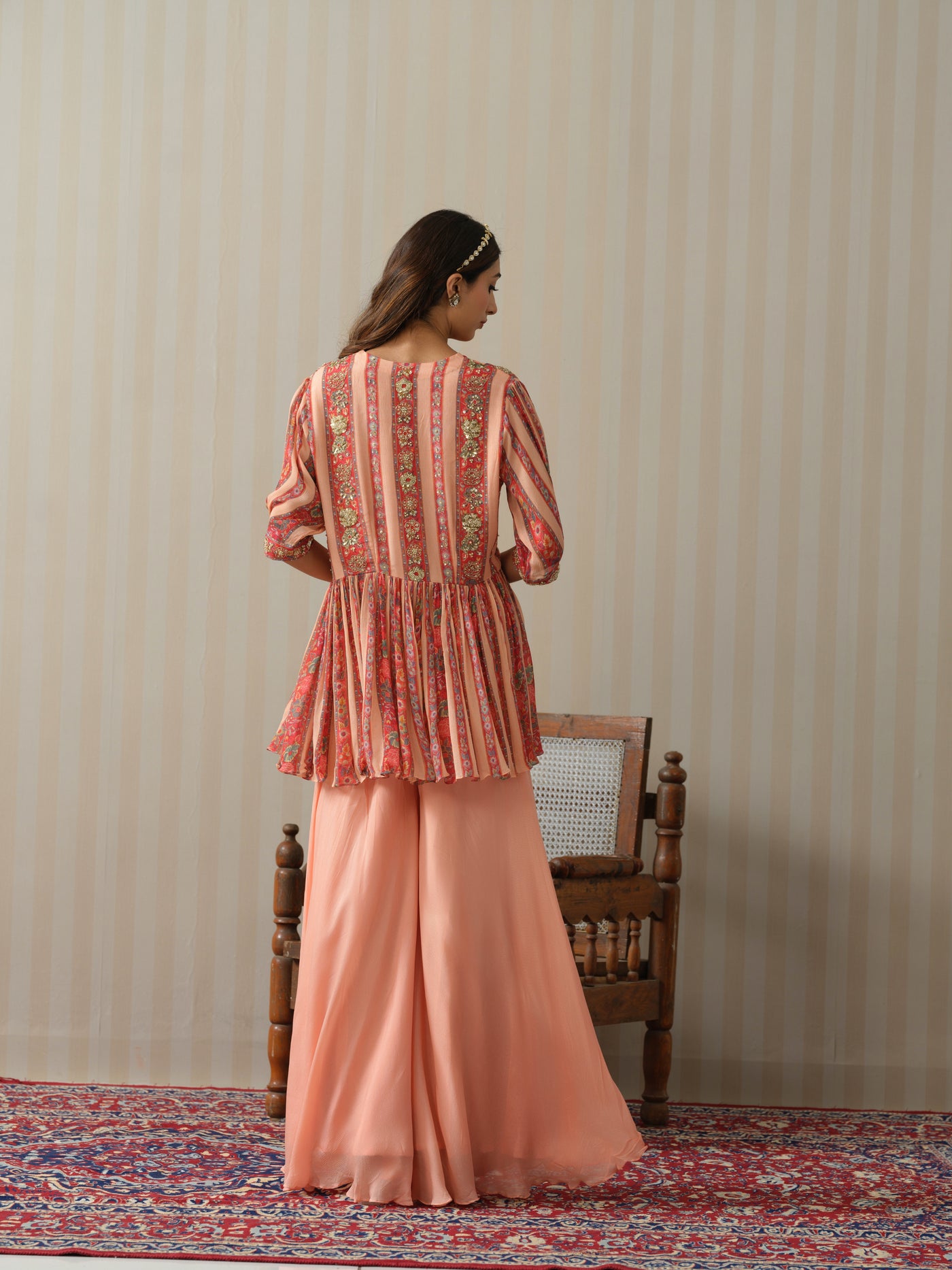 Peach Striped Peplum & Sharara Set