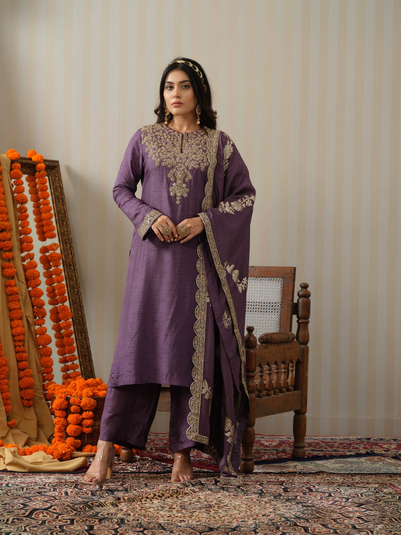 Mauve Embroidered Zardosi Suit Set