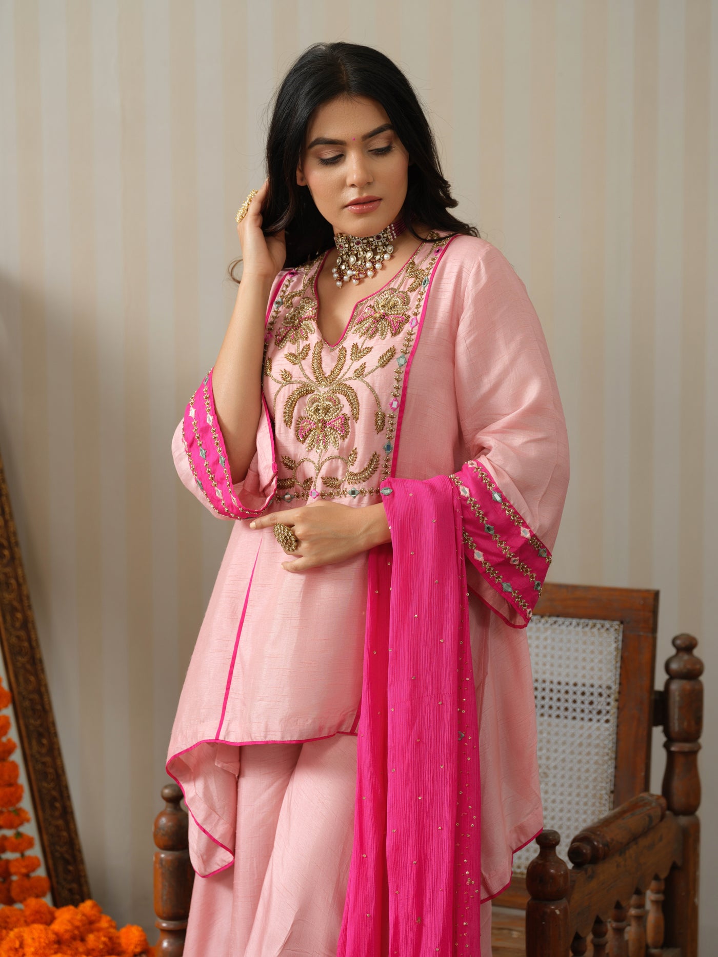 Pink Embroidered Sharara Set