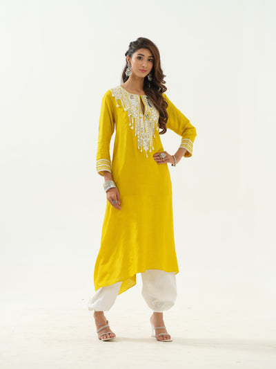 Yellow Mirror Work Tunic & Afghan Salwar