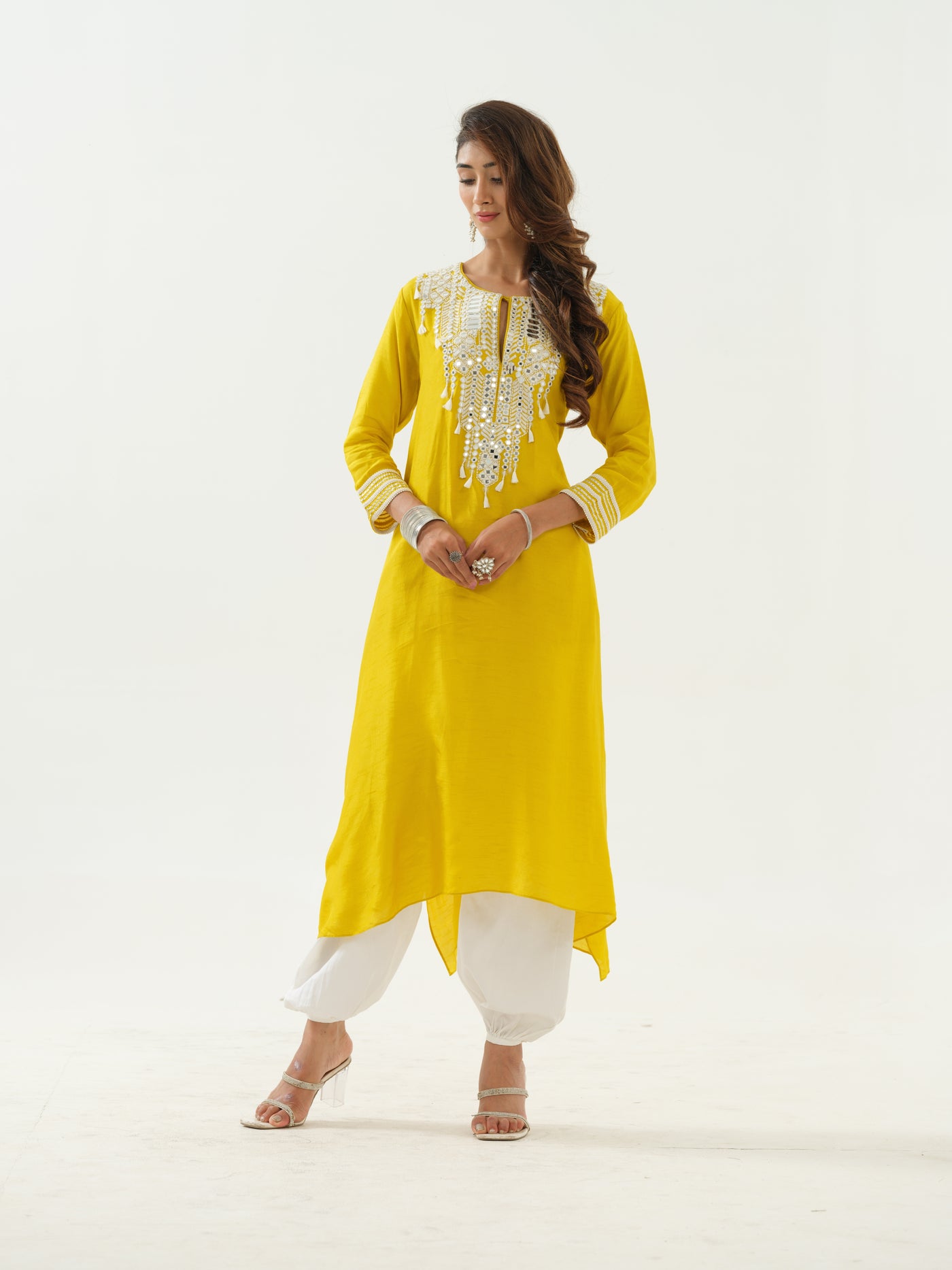 Yellow Mirror Work Tunic & Afghan Salwar