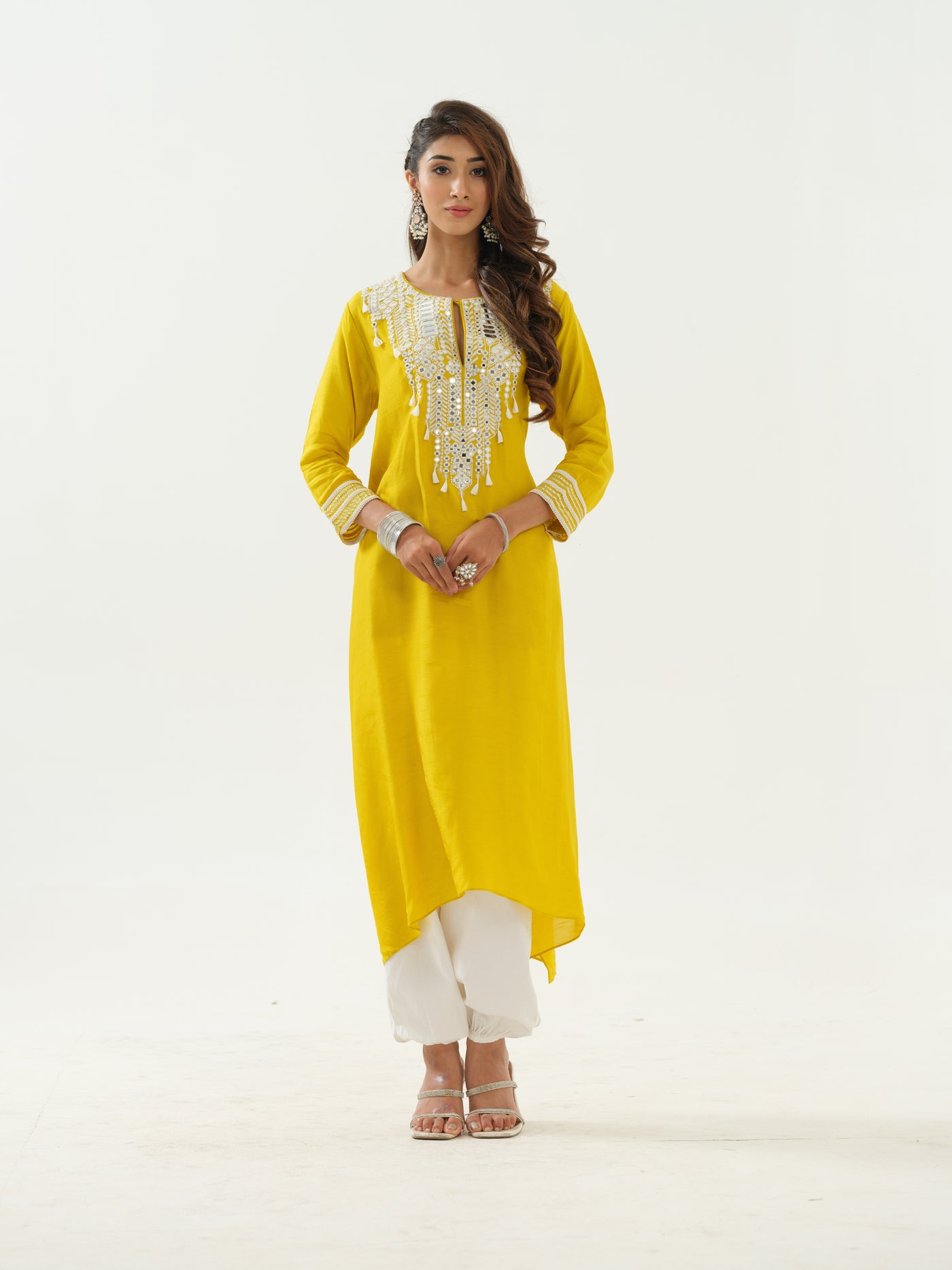 Yellow Mirror Work Tunic & Afghan Salwar