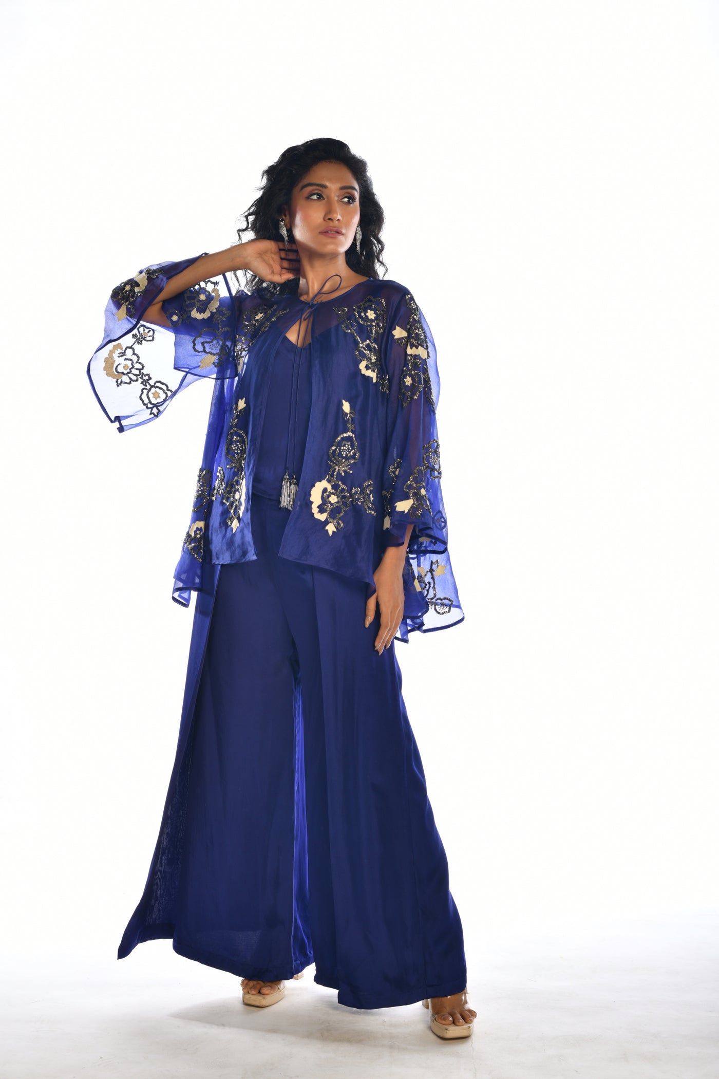 Blue Embriodered Cape Co Ord Set