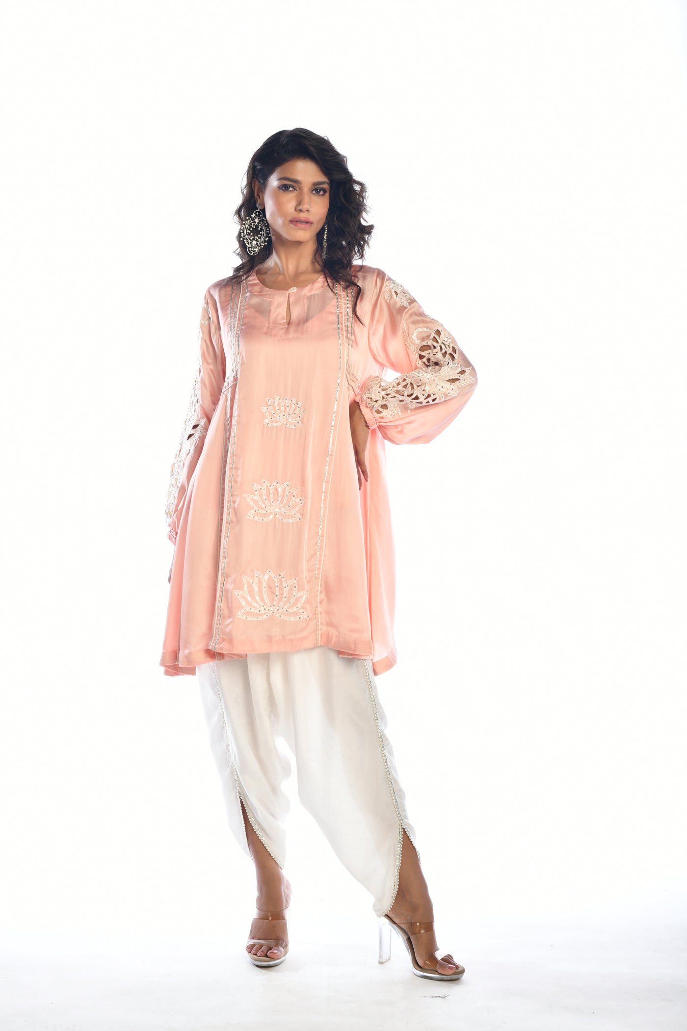 Peach Embroidered Tunic and Tulip Dhoti