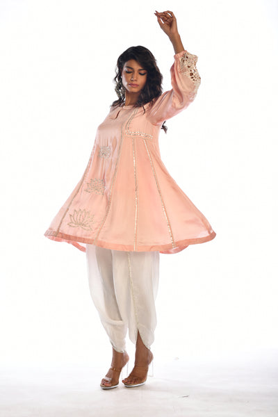 Peach Embroidered Tunic and Tulip Dhoti