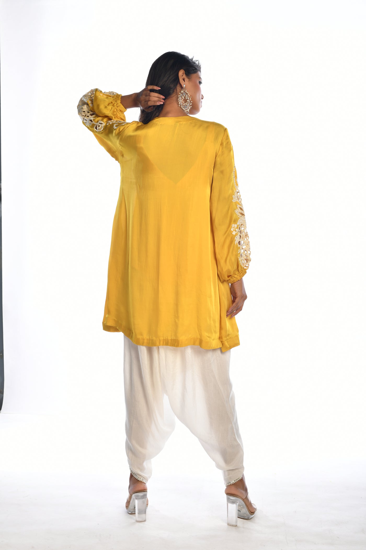 Yellow Embroidered Tunic and Tulip Dhoti