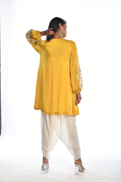 Yellow Embroidered Tunic and Tulip Dhoti