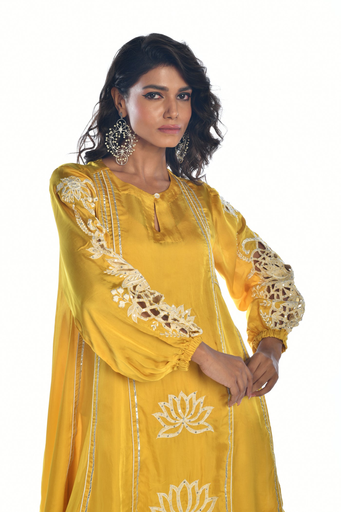 Yellow Embroidered Tunic and Tulip Dhoti