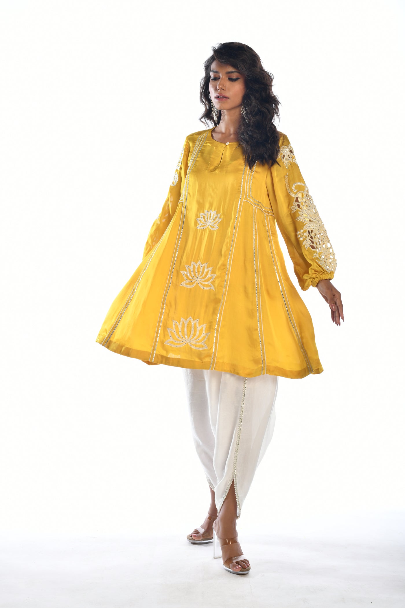 Yellow Embroidered Tunic and Tulip Dhoti