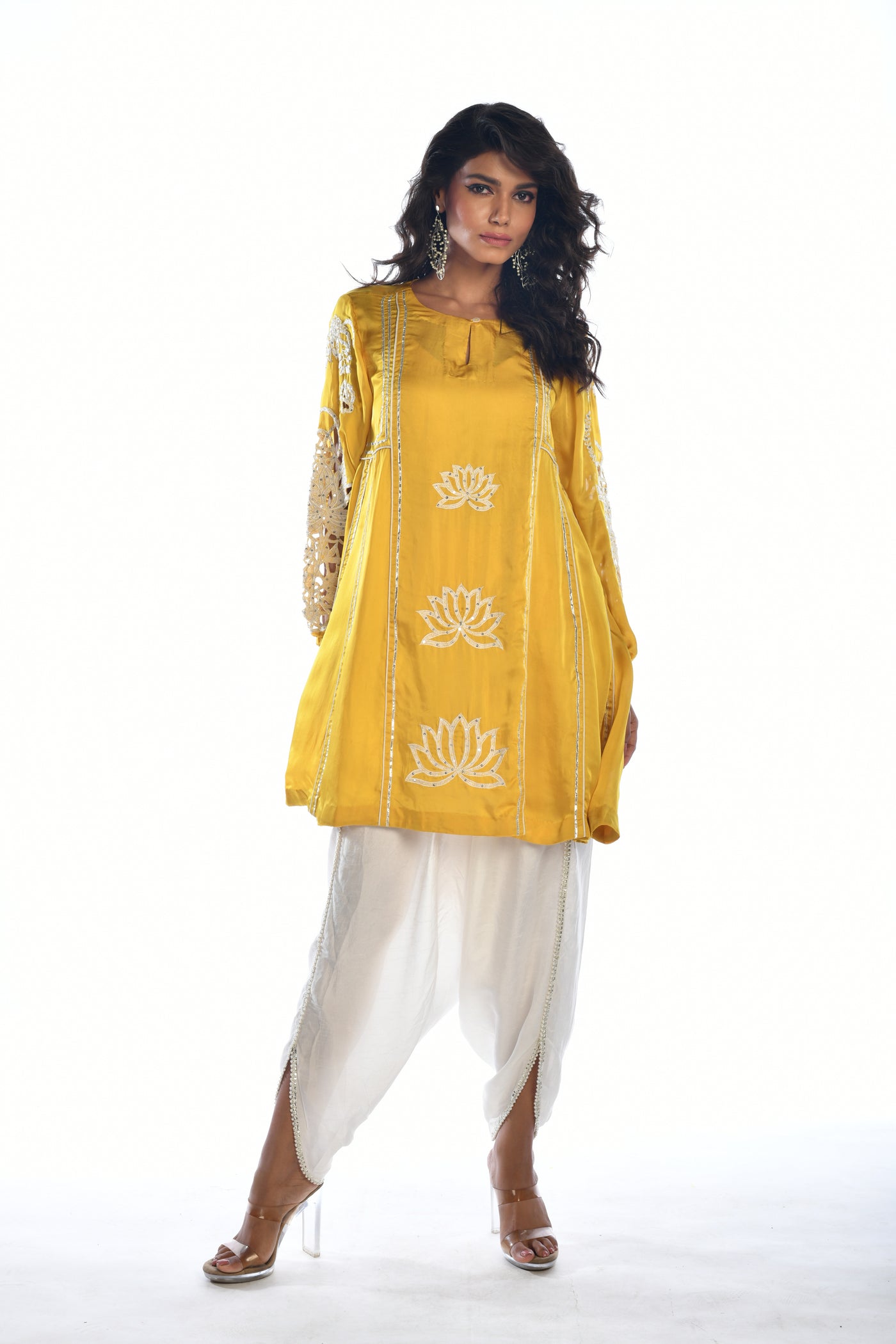 Yellow Embroidered Tunic and Tulip Dhoti