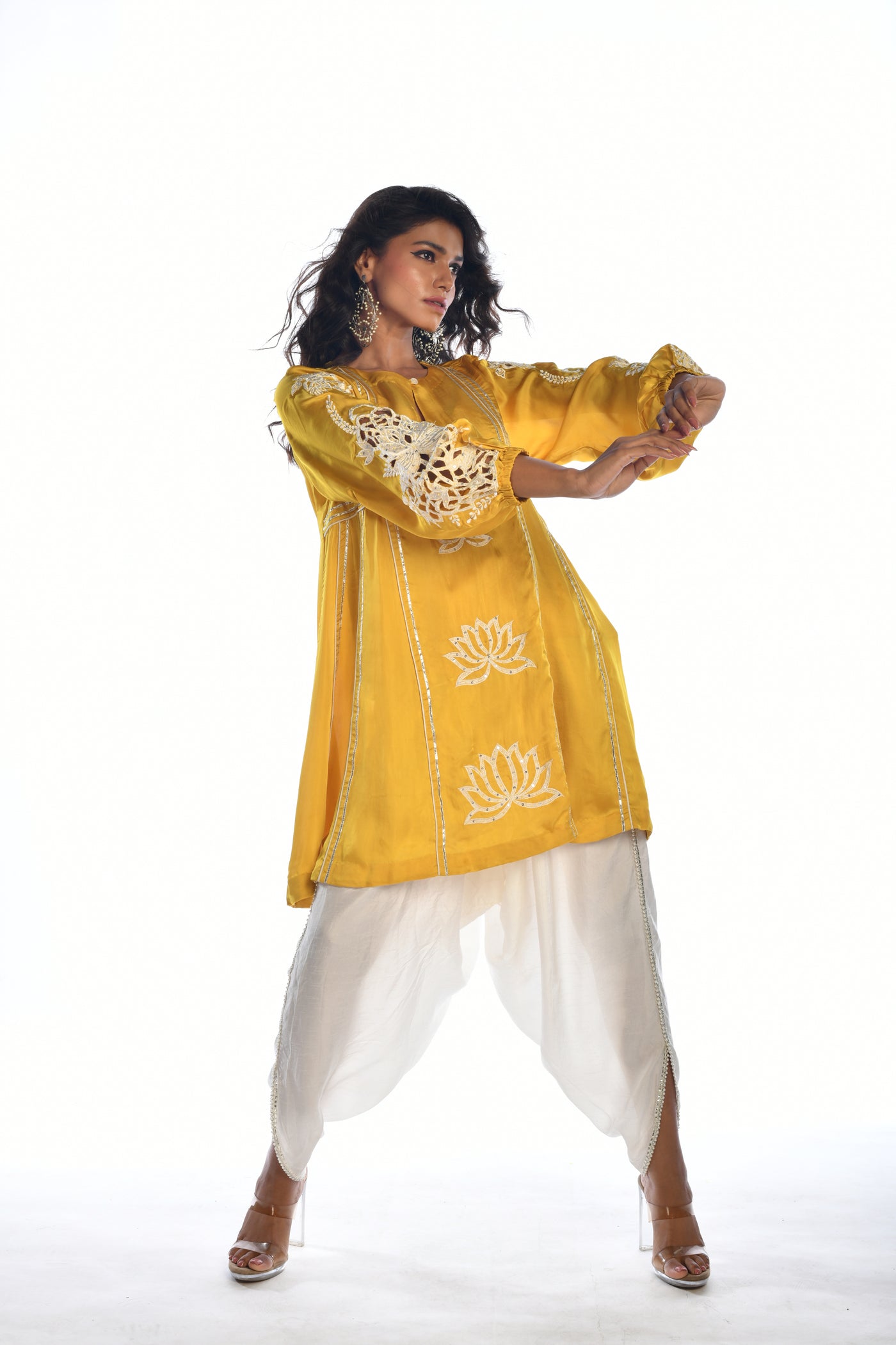 Yellow Embroidered Tunic and Tulip Dhoti