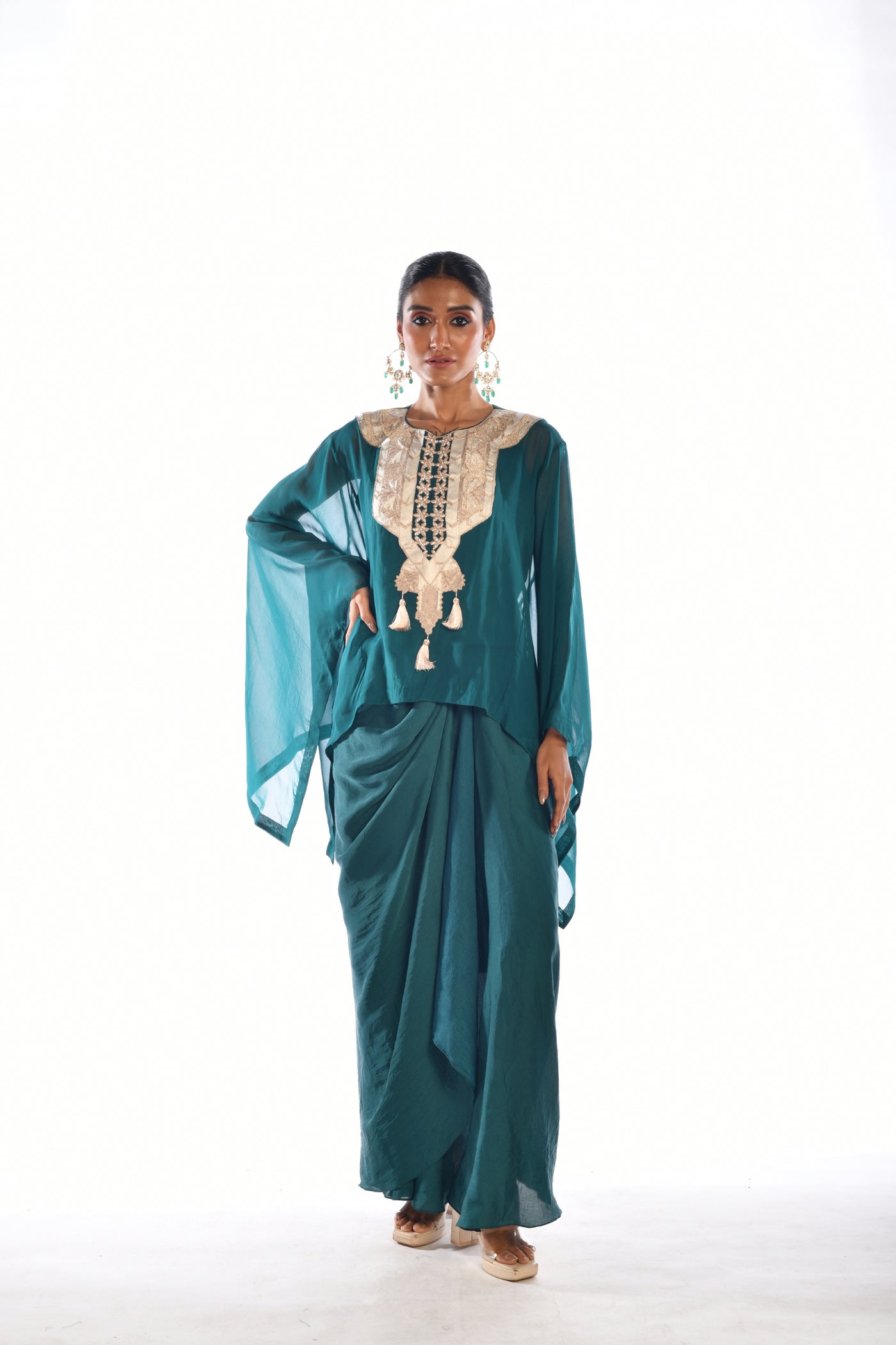 Green Embroidered Kaftan Top & Drape Skirt