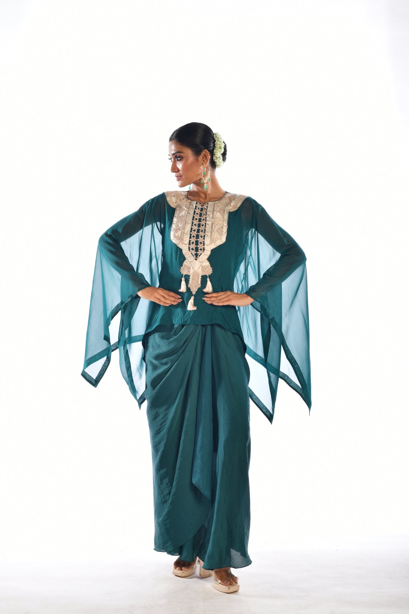 Green Embroidered Kaftan Top & Drape Skirt