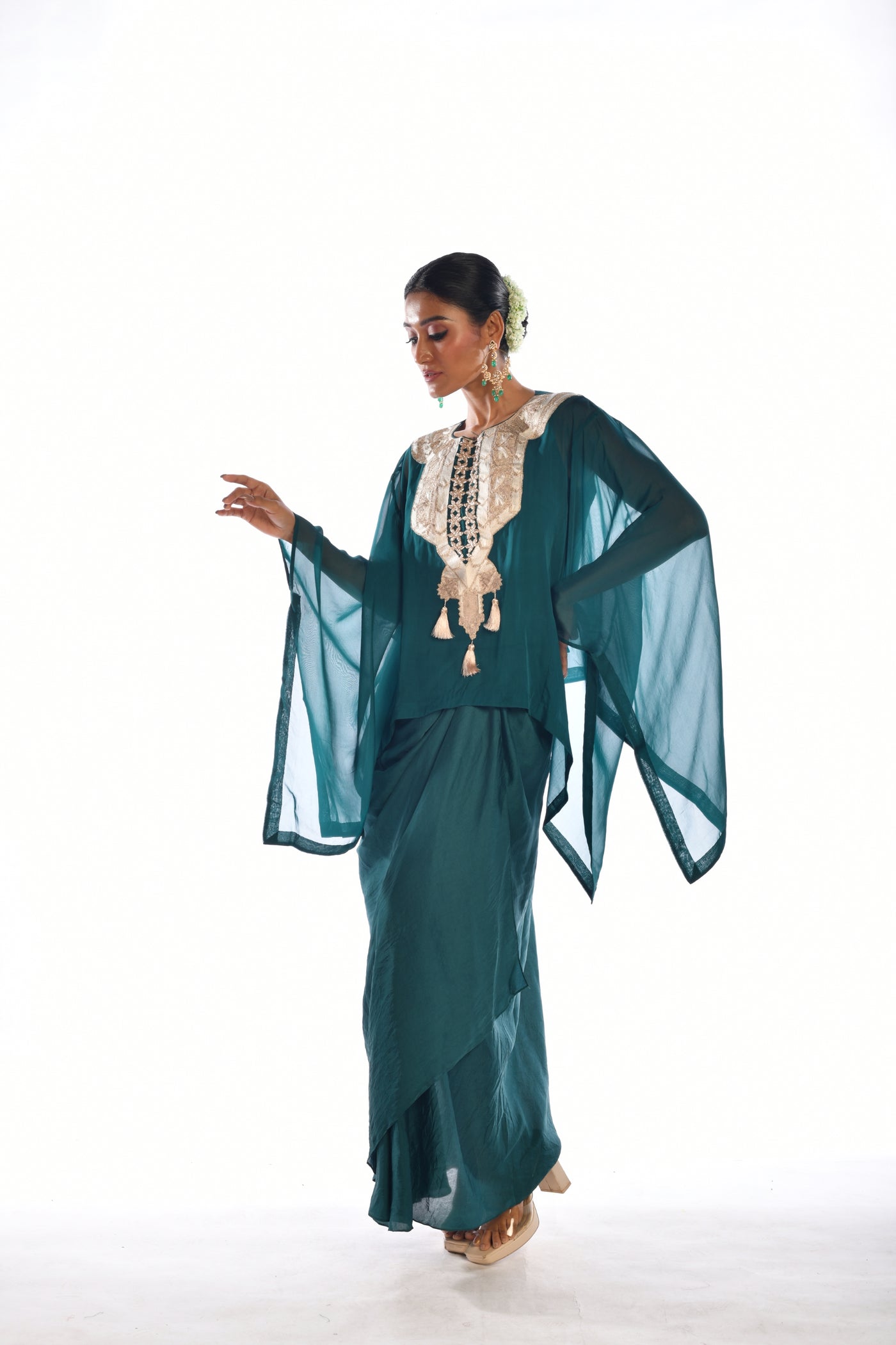 Green Embroidered Kaftan Top & Drape Skirt