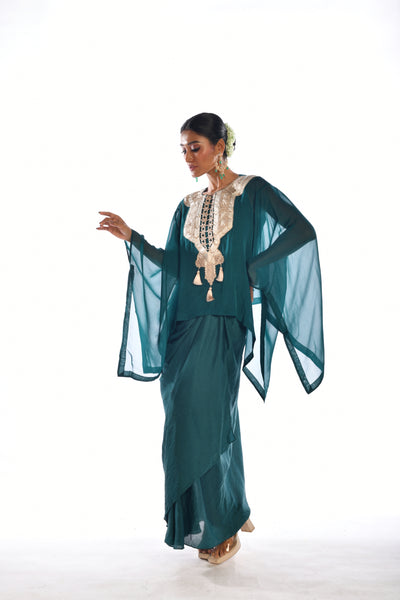 Green Embroidered Kaftan Top & Drape Skirt