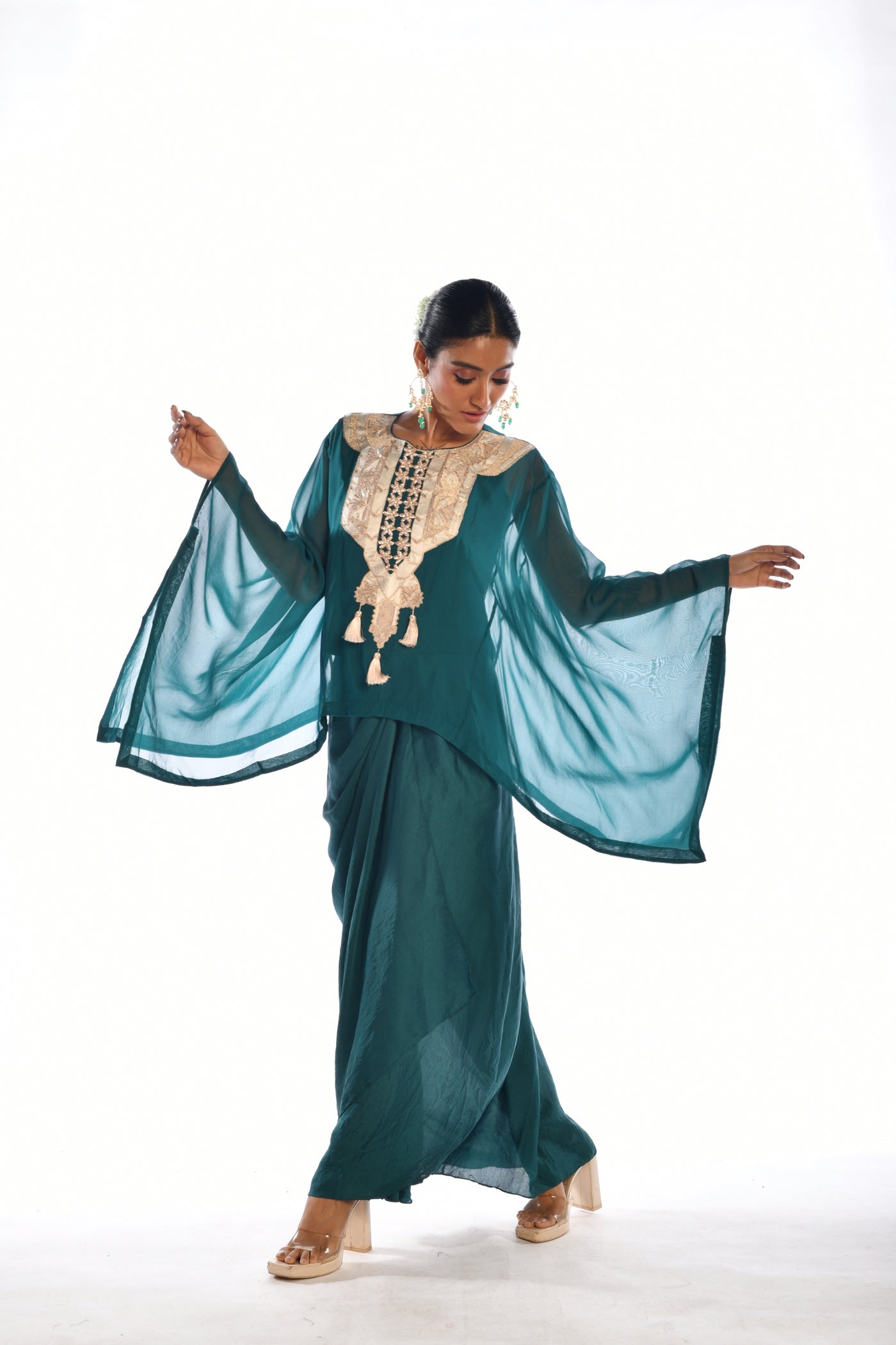 Green Embroidered Kaftan Top & Drape Skirt