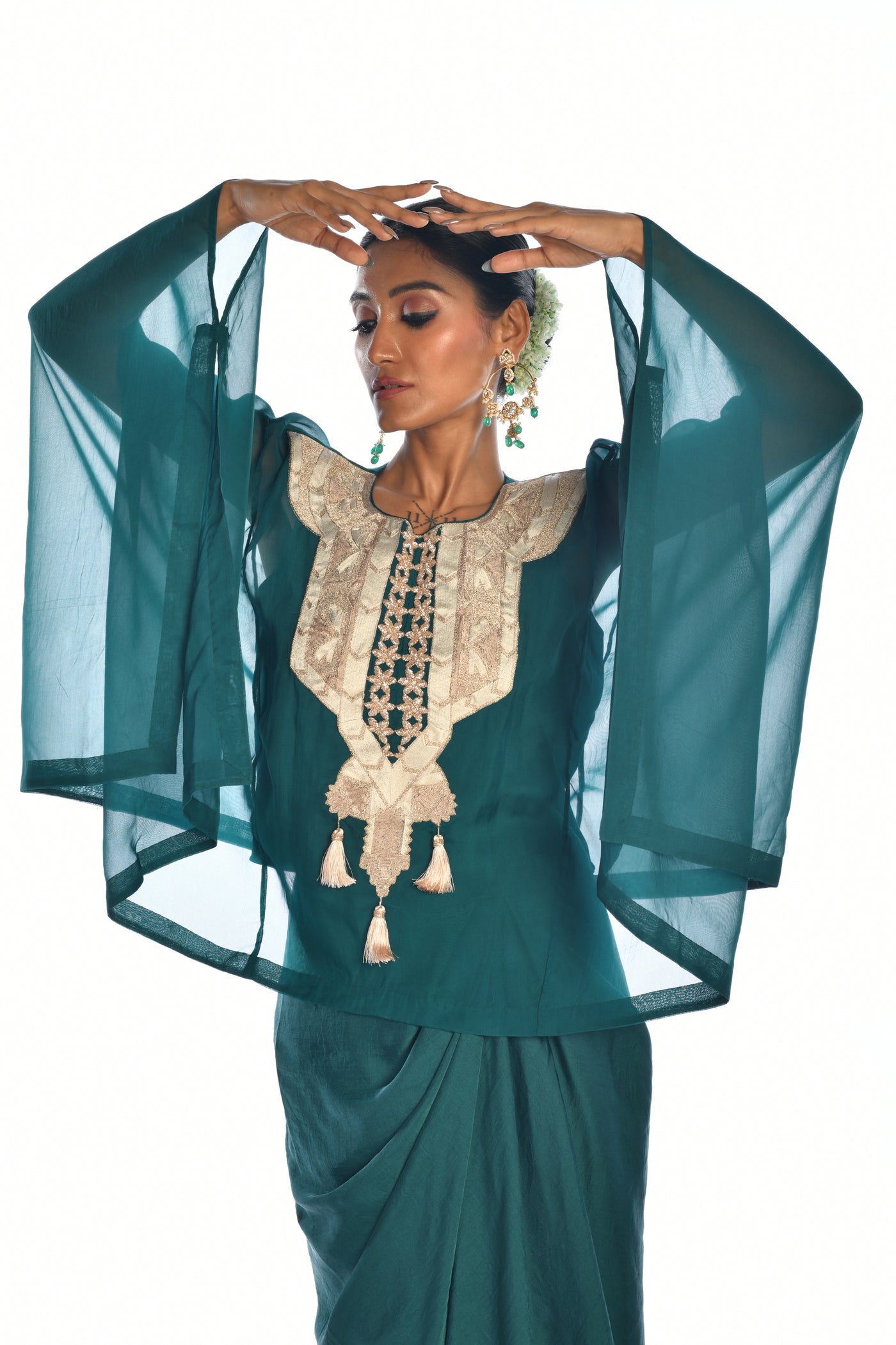 Green Embroidered Kaftan Top & Drape Skirt