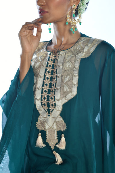 Green Embroidered Kaftan Top & Drape Skirt