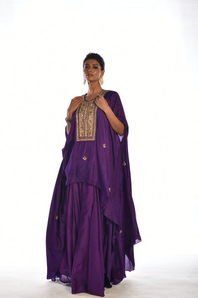 Purple Embroidered Kaftan Sharara Set