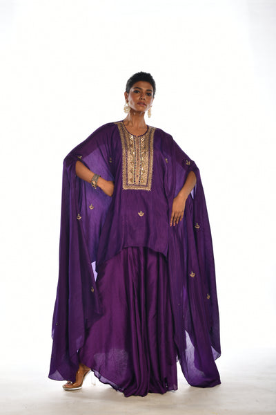 Purple Embroidered Kaftan Sharara Set